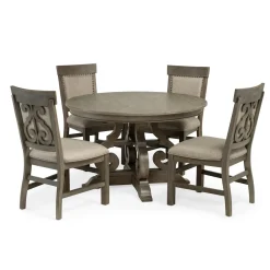 Dining Room Sets | Star Fumiture Treble 5-Piece 48-Inch Round Set W/ Fret Back Upholstered Side Chair - DOVE GREY